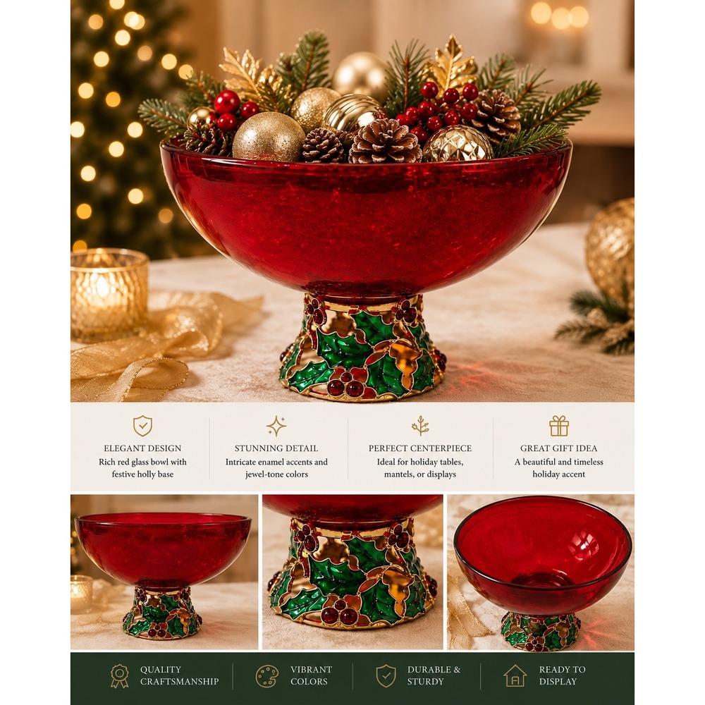 VTG Festive Christmas Holly Pedestal Bowl Unisex OS Red New